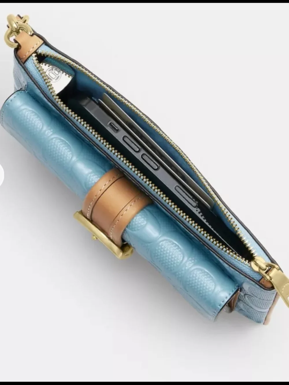 Coach Sky Blue Signature Wristlet with Tan Trim